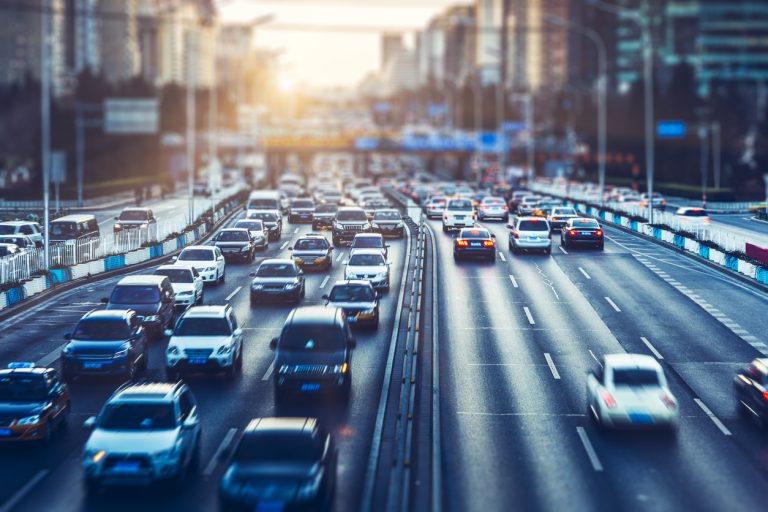 rush-hour traffic in downtown beijing at daytime,china.